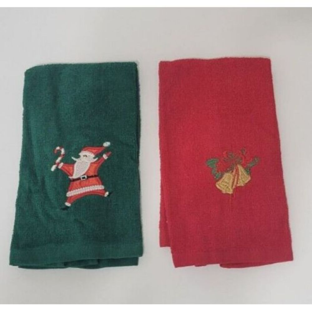 Vintage Christmas Hand Towels Red Jingle Bells Green Santa Set of 2